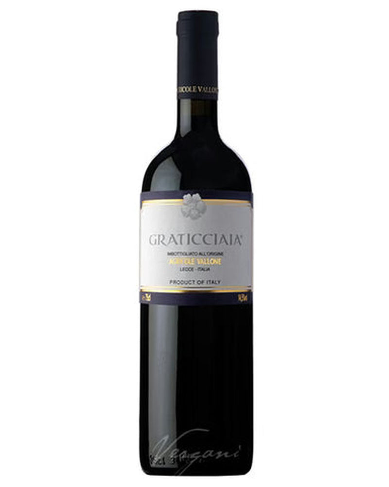 Rotwein Flasche Graticciaia Salento IGT 2019 von Francesco Vallone, dunkle Weinflasche mit Etikett und Korkverschluss.