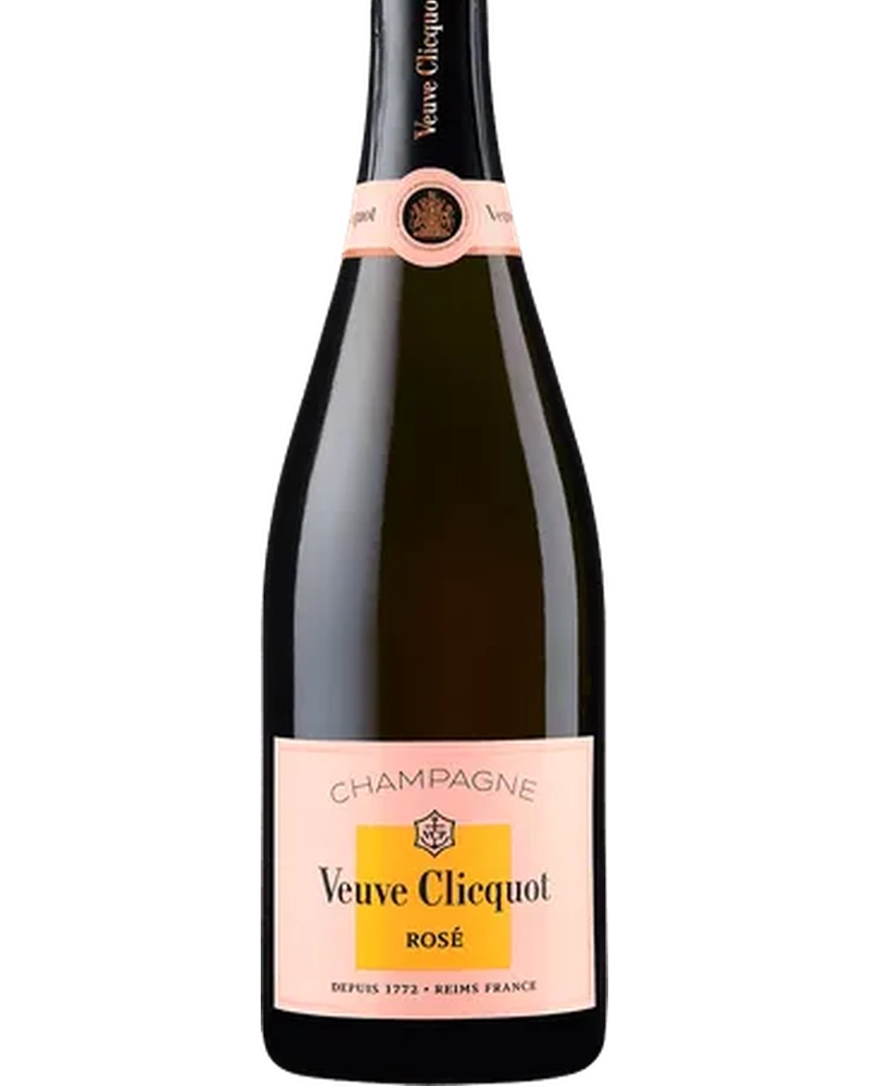 Veuve Clicquot Brut Rosé Schaumwein in einer Flasche mit roséfarbener Flüssigkeit und elegantem Etikett.
