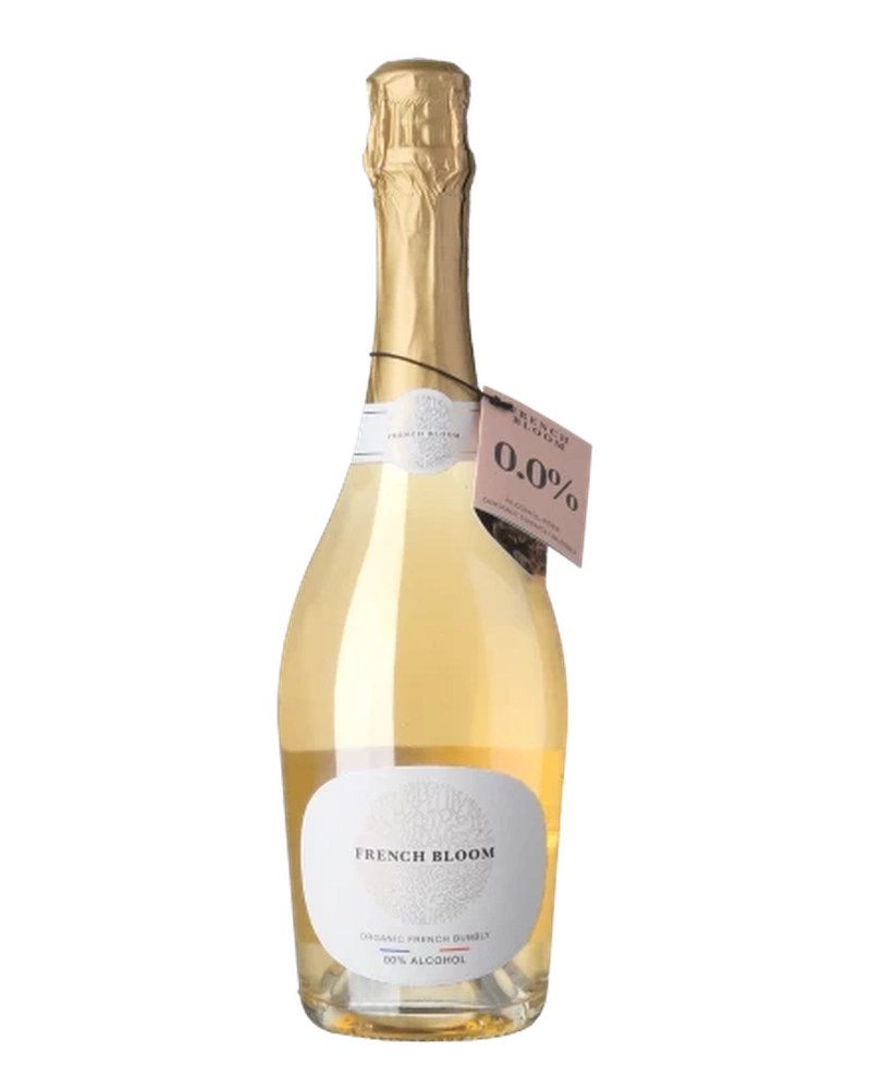 Schaumwein French Bloom Le Blanc alkoholfrei in einer eleganten Flasche, mit schäumender Textur im Glas sichtbar