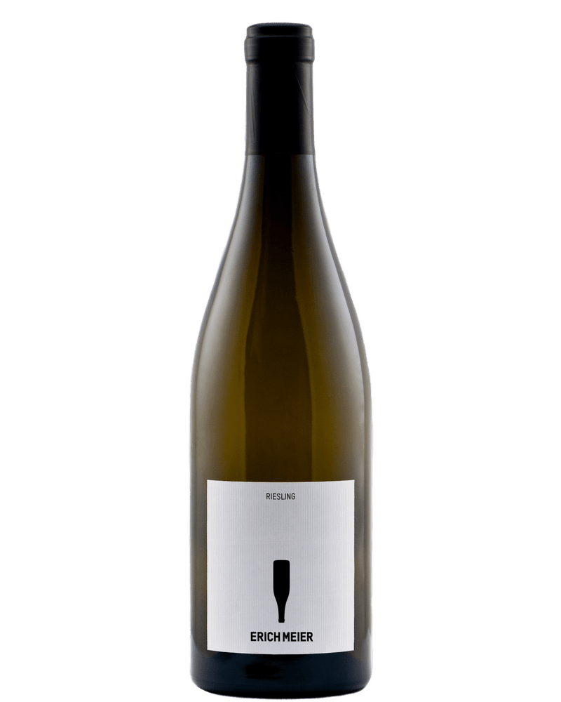 Weingut Erich Meier Riesling 2022 Weißwein in 0,75 l Flasche, helle goldene Farbe und elegante Flasche.