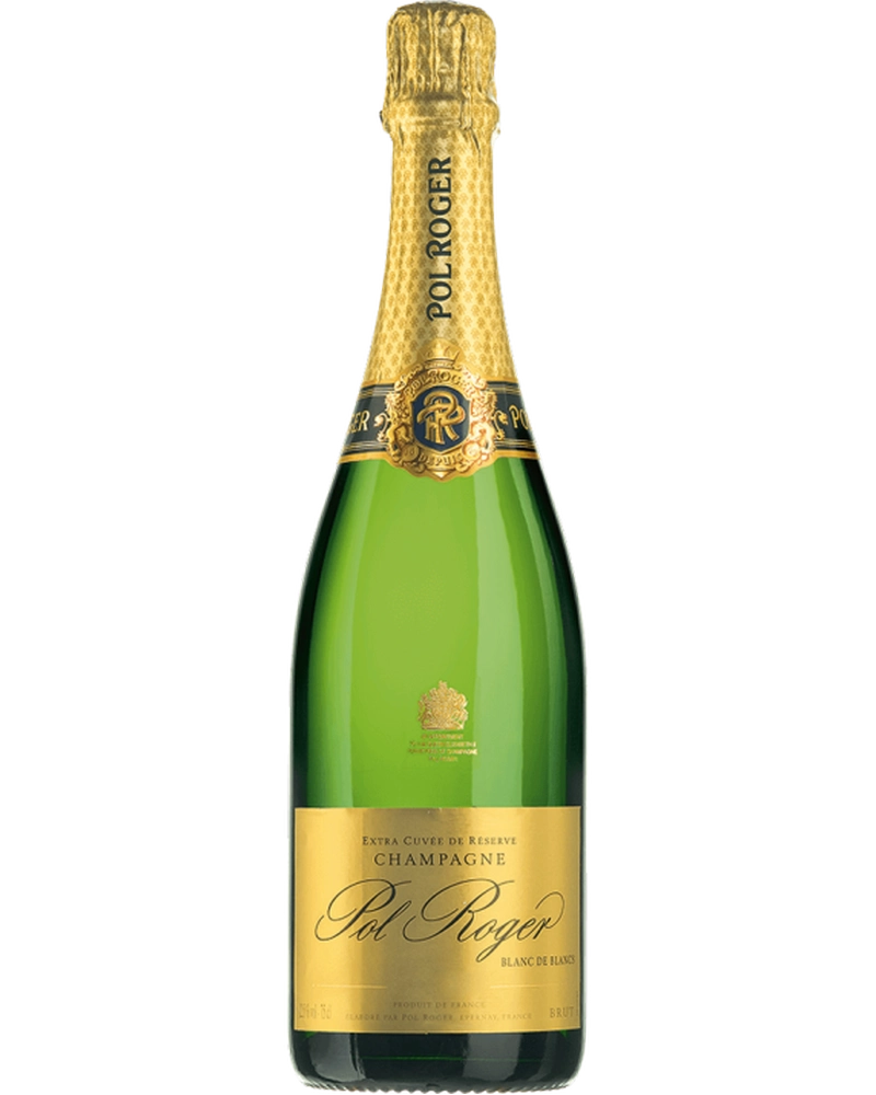 Pol Roger Champagner Blanc de Blancs Vintage Brut 2015, eleganter Schaumwein mit feinen Bläschen und goldener Flasche.