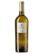 Helles Weißwein Château Lafaurie-Peyraguey Grand Vin Sec Bordeaux 2022 in einem Weinglas, Flasche im Hintergrund