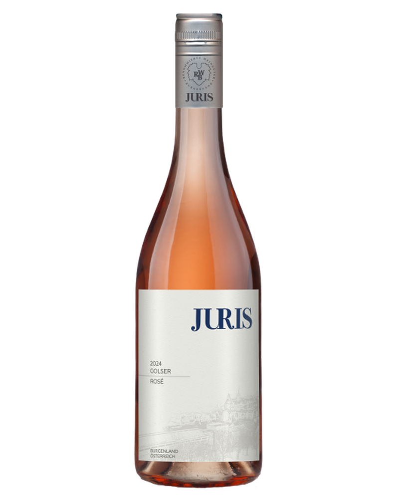 Rosewein vom St. Laurent 2025, Juris Rosé, im Weinglas mit hellem Roséfarbton und eleganter Präsentation.