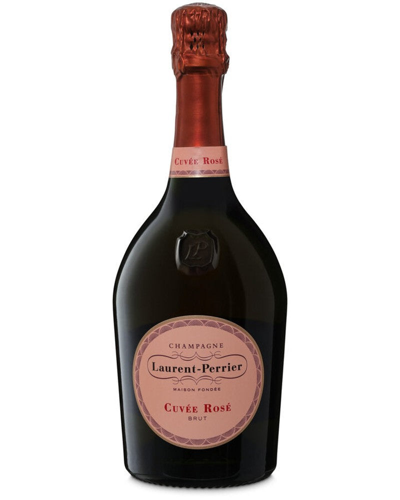 Flasche Laurent-Perrier Cuvée Rosé Champagne AOC Brut mit rosafarbenem Etikett und goldener Kapsel, Schaumwein in Flasche.