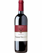 Glas Rotwein Poggio Valente IGT Toscana 2022 von Fattoria Le Pupille in einer eleganten Weinflasche.