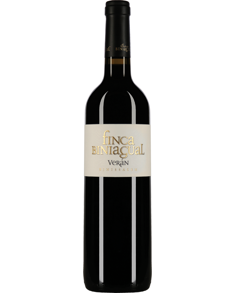 Veran 2022 Rotwein von Finca Biniagual in einer Weinflasche mit Etikett, ideal für Weinliebhaber und Weinverkostung.