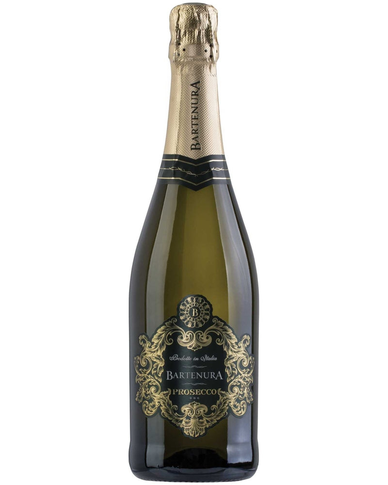 Bartenura Prosecco Brut DOP, schäumender Wein in einer Flasche mit goldener Kapsel und stilvollem Etikett.