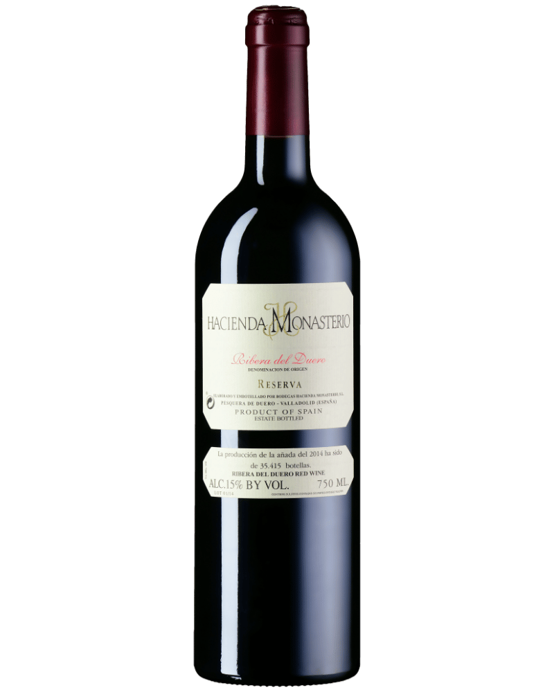 Hacienda Monasterio Reserva 2018 Rotwein von Bodegas Hacienda Monasterio im Glas, dunkle Rotweinfarbe, elegante Flasche.