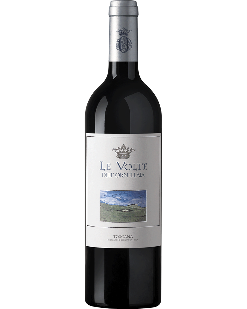 Glänzender Flaschenhals des Le Volte dell'Ornellaia 2024 Toscana IGT, Rotwein von Tenuta dell'Ornellaia in einer Weinflasche.