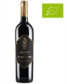 Podere La Pace Silvano 2018 Rotwein aus Maremma Toscana DOC, dunkle Weinflasche mit Label und Weinfarbe sichtbar