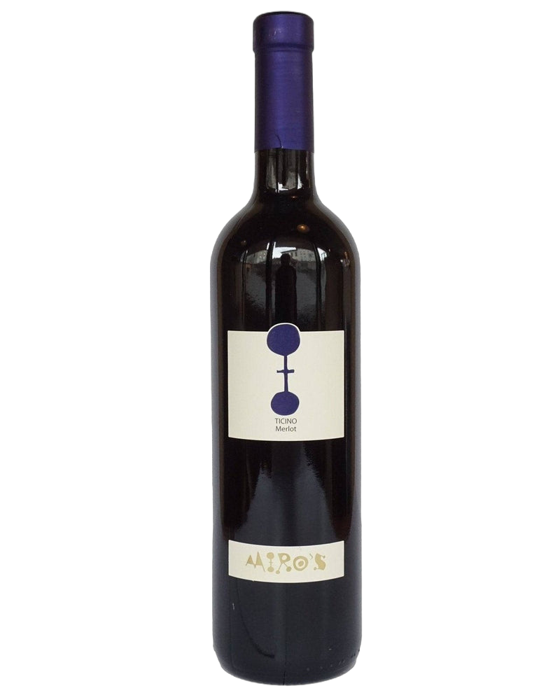 Miros Merlot Ticino DOC Rotwein Flasche mit Etikett, dunkle Glasflasche, Weinbeschreibung auf dem Etikett sichtbar