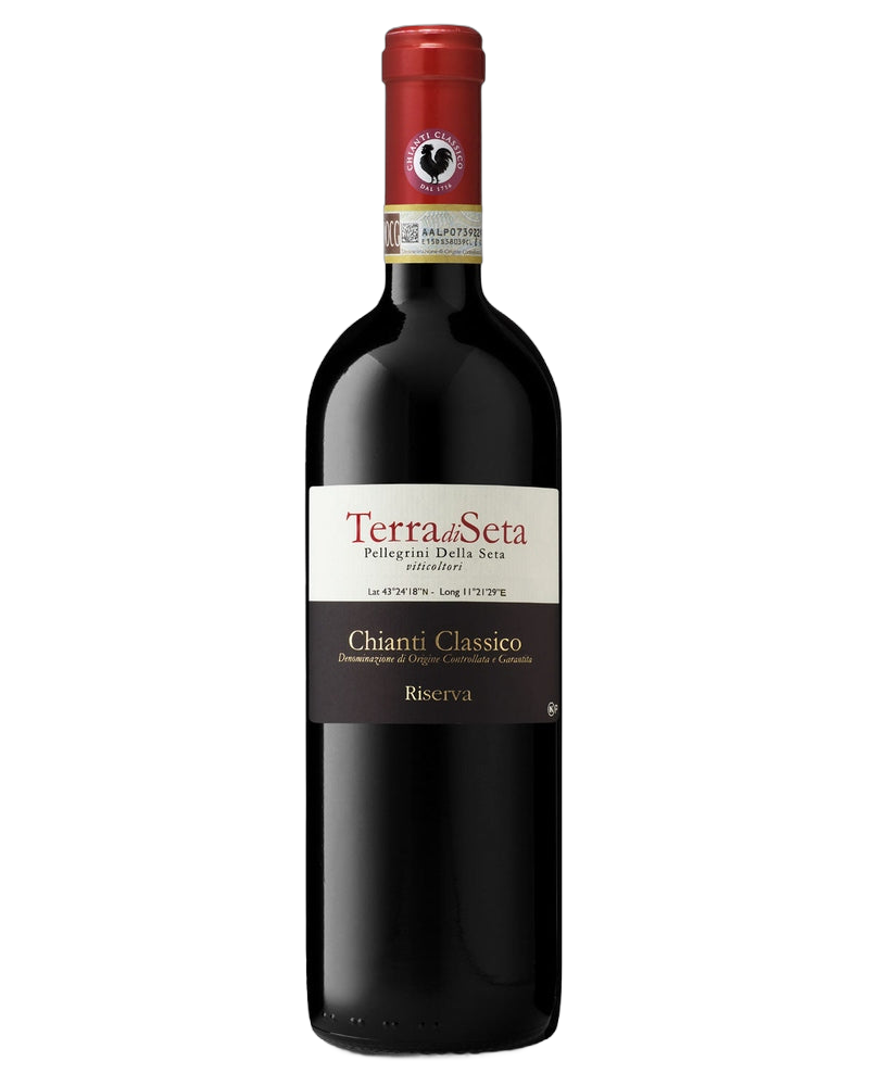 Italienischer Chianti Classico Riserva DOCG 2020 Rotwein von Terra di Seta in einer Weinflasche auf weißem Hintergrund.